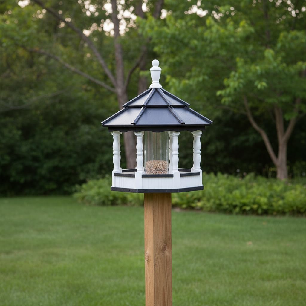 Amish Handcrafted Poly Spindle Outdoor Bird Feeder – 20”W x 24”H Post Mount for Backyard Bird Watching, Easy Refill Roof Knob, Octagon Design with 8 Spindles, Hand-Made in Lancaster PA