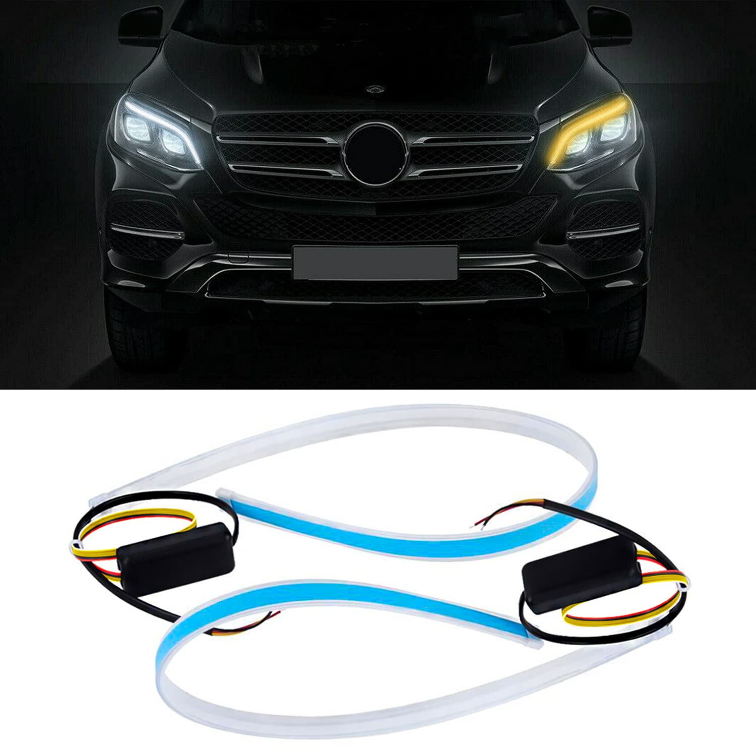 Spaiko Flexible White Daytime Running Light for Cars and Bikes with Matrix Yellow Indicator with Turn Sequential Flow (60 Cm/24 Inch, Set of 2 Pieces)