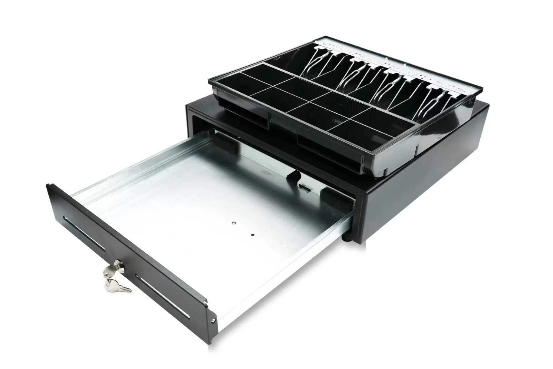 Cassetto Cassa Registratore - Cassetta Porta Soldi 4 Scomparti Banconote 8 Monete - Apertura Automatica RJ11/RJ12 Manuale con Chiave - Guide Metalliche - Registratore di Cassa - 41x41,5x11,5cm - Nero