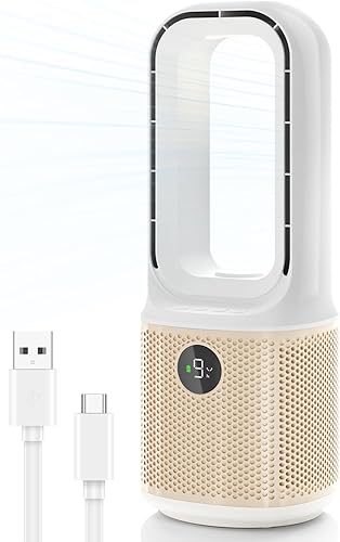 Ventilador de escritorio, pequeño ventilador silencioso sin aspas con ajuste de 9 velocidades y 3 modos de luz, recargable por USB de 14 pulgadas