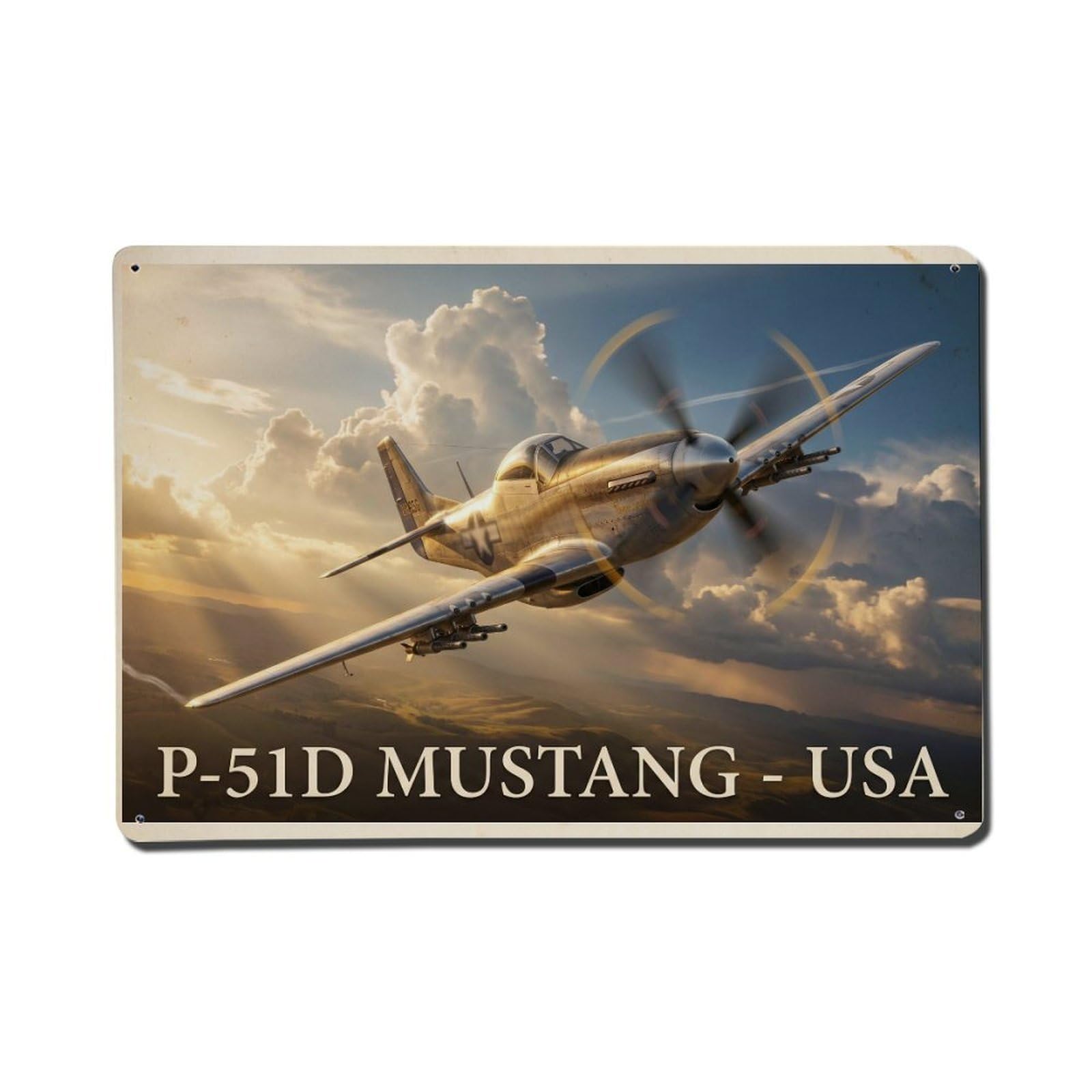 P-51D Mustang WWII Fighter Aircraft Patriotic Metal Tin Sign Plaque Wall Decor for Cafe, Man Cave, Club Bar, Office, Home Garden Round Metal Poster 8x12Inch