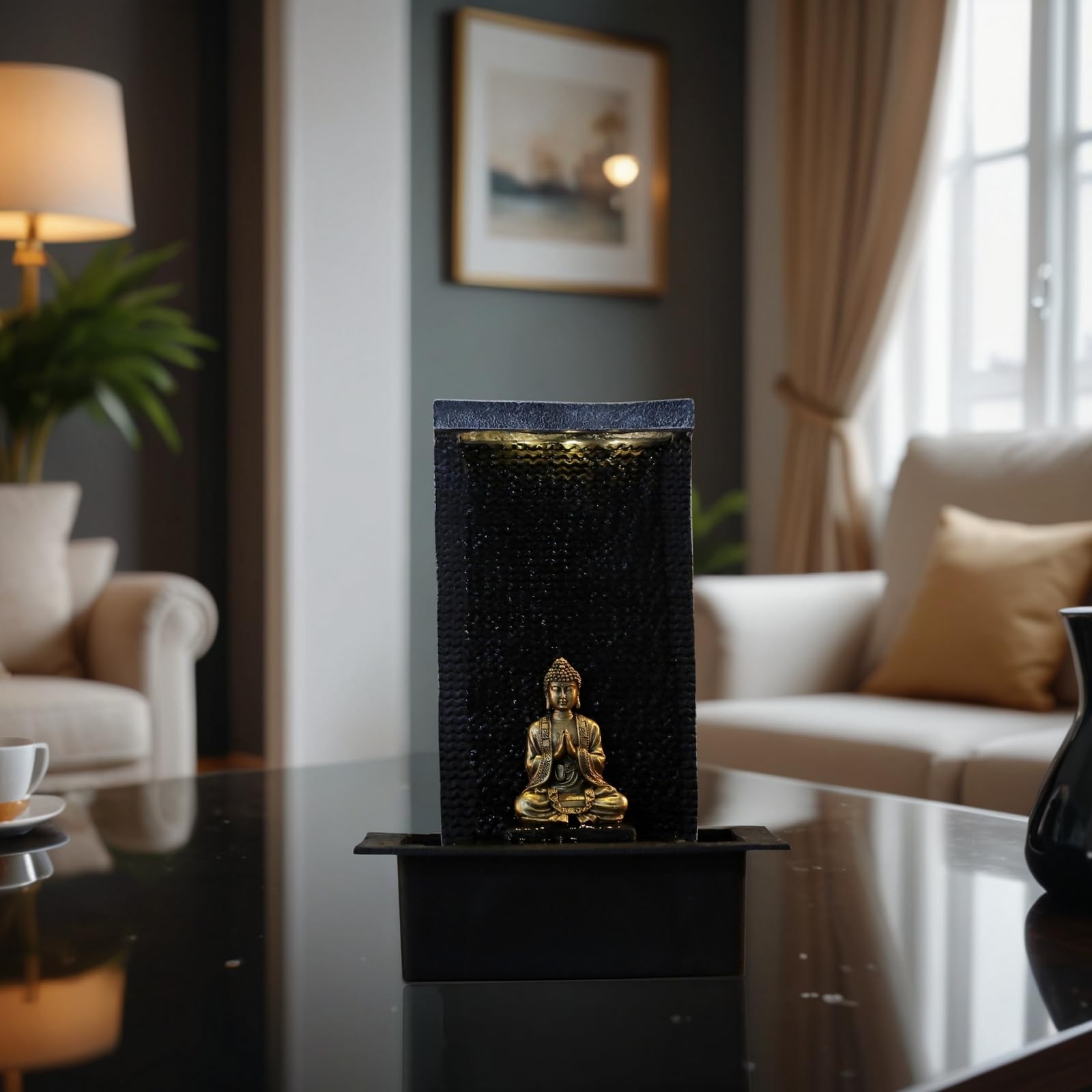 Mur d’Eau Zenitude - Fontaine d’intérieur avec Spot LED Jaune - Grande Fontaine de Table avec Statue Bouddha Amovible - Ambiance Zen pour salon, bureau, chambre - Cadeau Original - H: 40cm - Zen’Light
