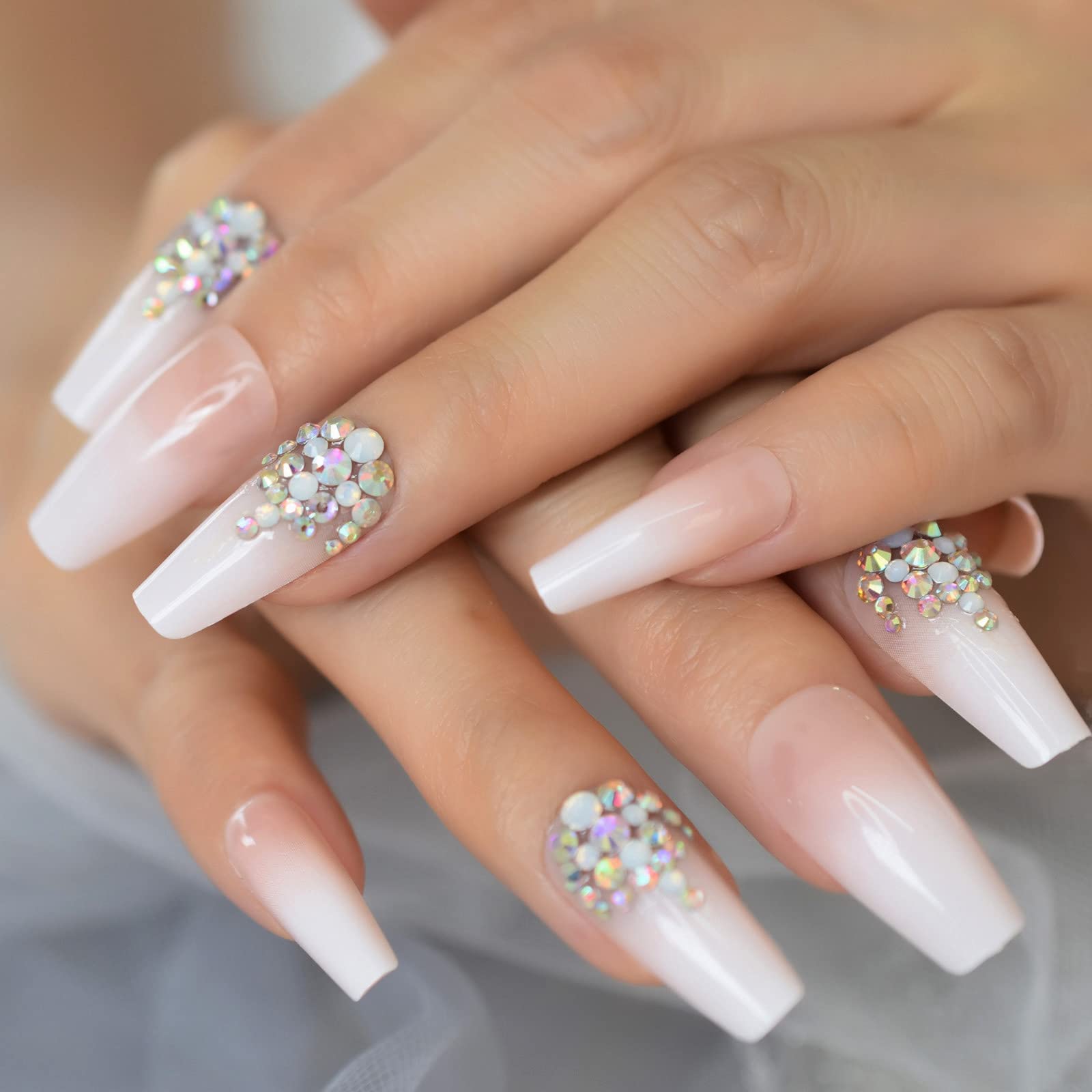 Amazon.com: CoolNail 3D Shiny Glitter Gems Ombre Gradeint Natrual Nude Pink  French Ballerina Coffin False Fake Nails Long Press on Party Finger Wear  Nails 24pc/set : Beauty & Personal Care
