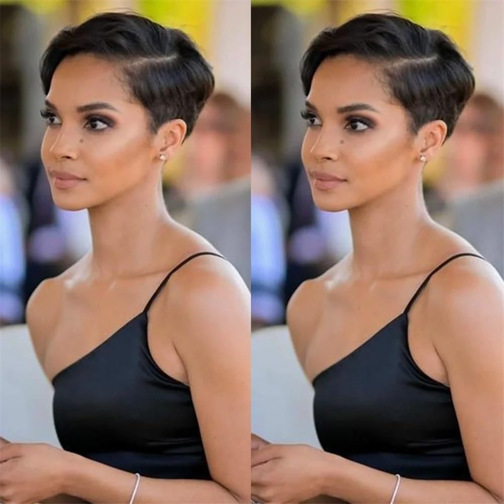 Perücken mit ordentlichem Pony für Frauen Gerade Pixie Cut Perücke Echthaar Perücken 13x6x1 Transparent Lace Front Kurze Perücke wellig lockig(Bruin)