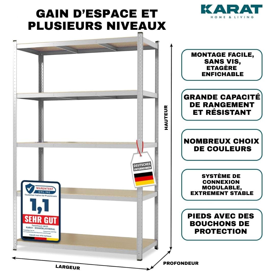 KARAT Étagère pour Charges Lourdes XXL, galvanisée, 200 x 150 x 80 cm, étagère de Rangement pour Garage, Cave et Atelier, étagère enfichable, étagère Large pour Cave, Atelier (TitanRack Big)