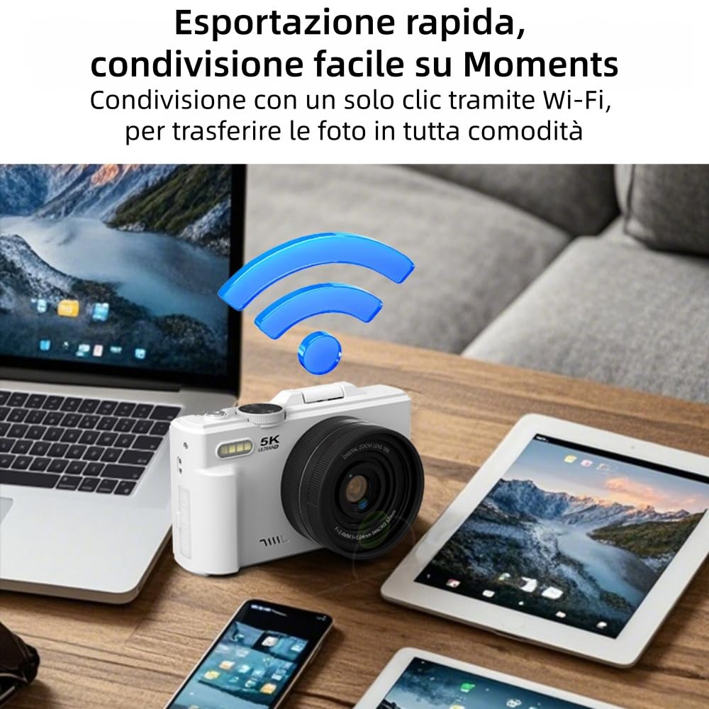 Optinexo 4K Digital Compact Camera Fotocamera digitale da 75 MP con zoom ottico 18x, schermo orientabile da 3 pollici, Wi-Fi, leggera, ideale per vlogging e viaggi