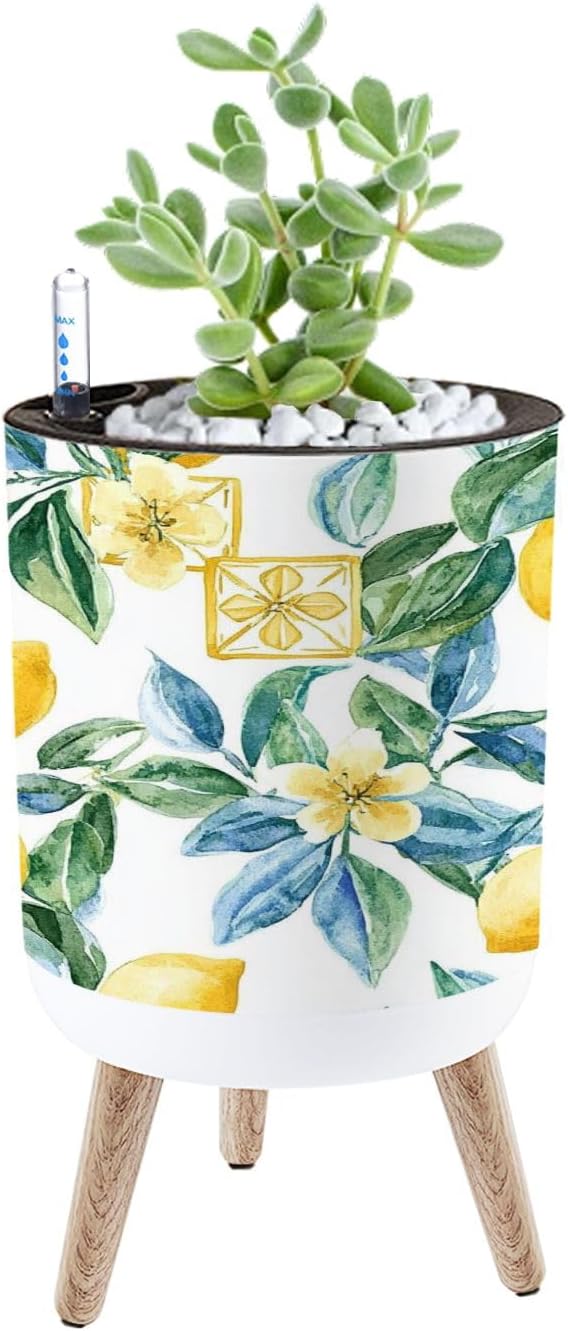 Planter with Stand Beautiful seamless pattern Sicilian style hand drawn watercolor lemons 8.6" Self Watering Plant Pot with Legs Water Level Indicator & Water Inlet Lazy Flower Pot Indoor Modern Decor
