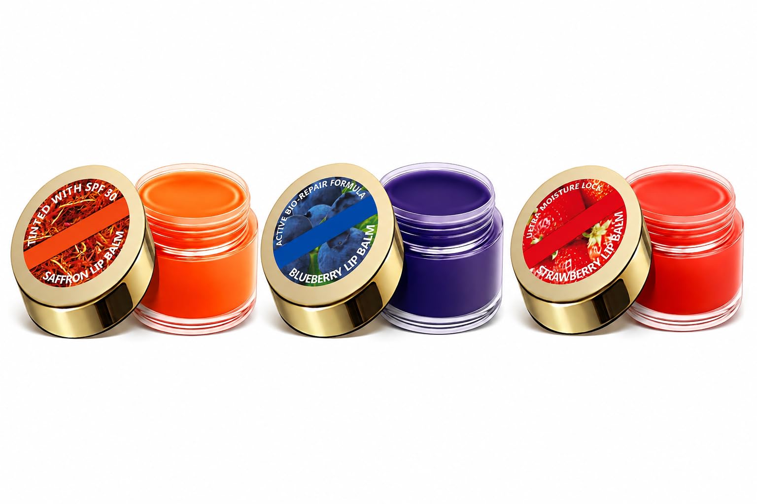 lip balm set - saffron with spf 30, blueberry, strawberry | 3 flavour combo, ultra moisture lock, active bio-repair, tinted formula, fruity scents
