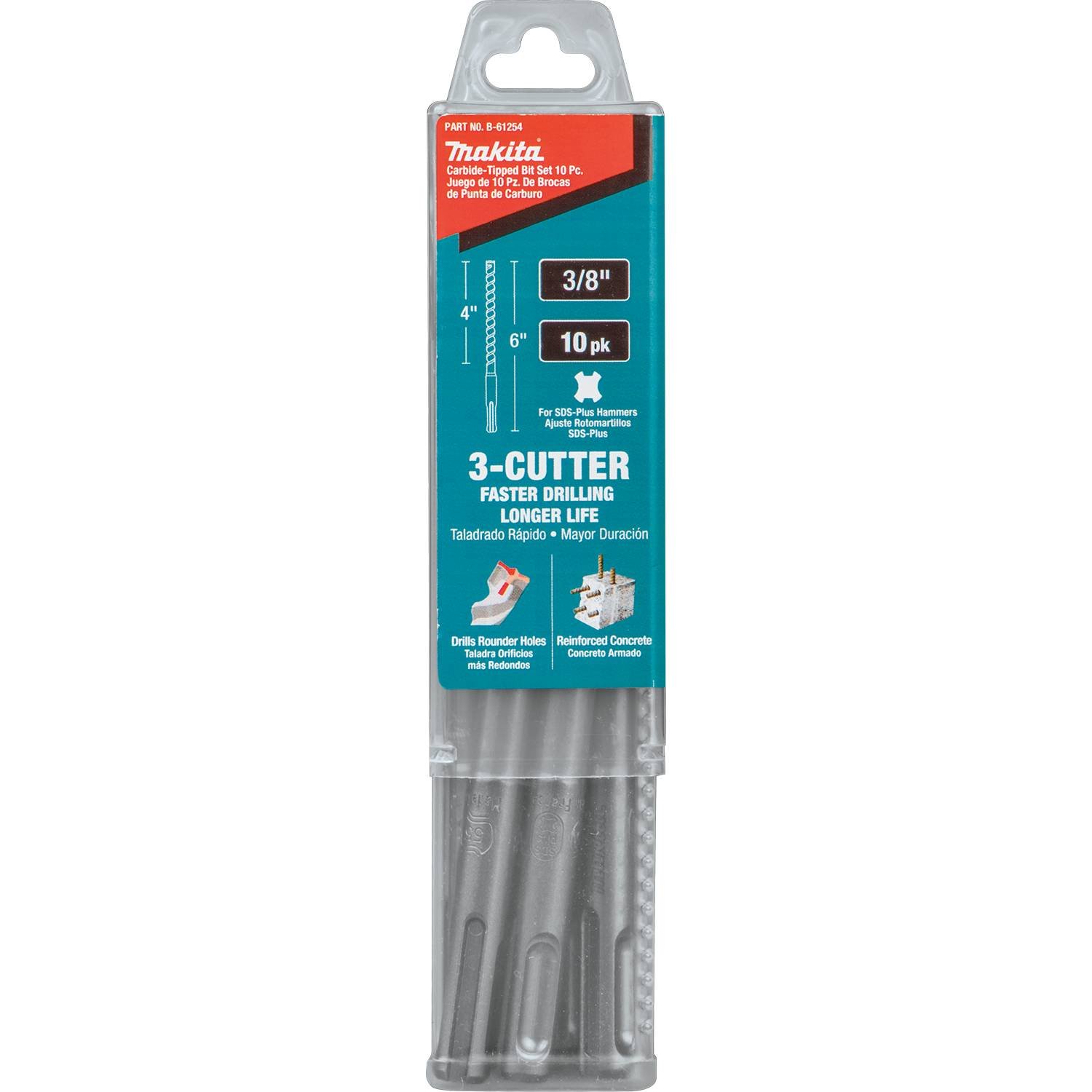 Makita B-61254 - Broca SDS-Plus de 3/8 x 6 pulgadas, 3 cortadores, 10 unidades