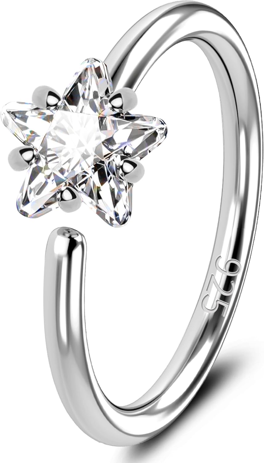 Jewseen 925 Sterling Silver Nose Ring Hoop 20G Dainty Star Nose Rings for Women 14K White Gold Plated Nose Piercing Jewelry Sterling Silver Nostril Piercing Jewelry Hoop
