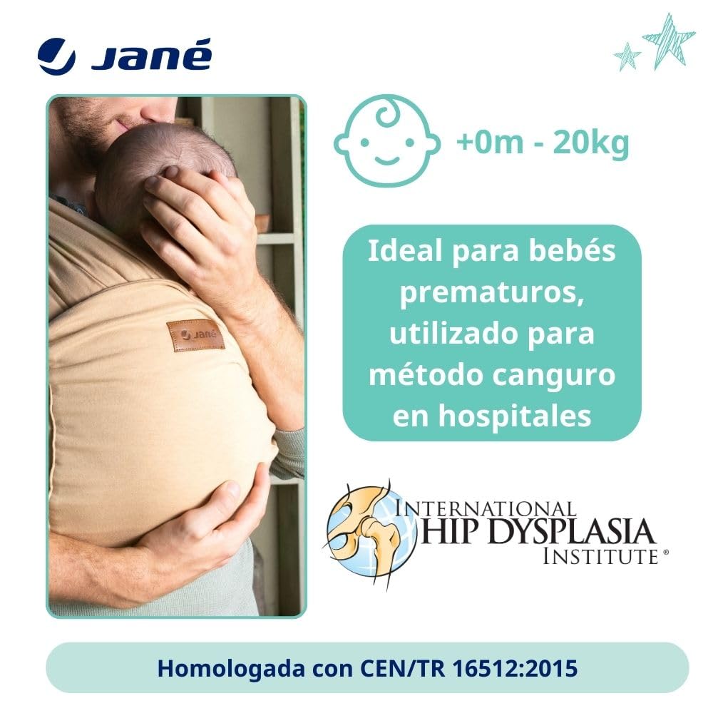 Jané Cocoon Fascia Porta Bebè Elastico, dalla Nascita fino a 20 kg, 5 m, Metodo Canguro, Ergonomica, Traspirante, con Borsa, Beige