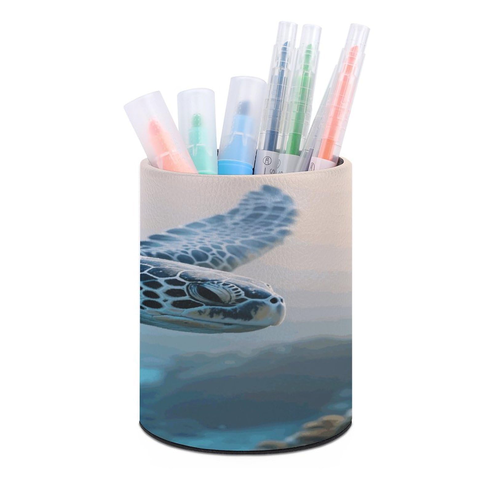VstaDank Blue Sea Turtle Pen Holder Round Pencil Holder Cup Pen Container PU Leather Desk Organizer Stand Decorative Brush Scissor Holder Decoration Office Desk Home (3.1 x 3.9 inch)
