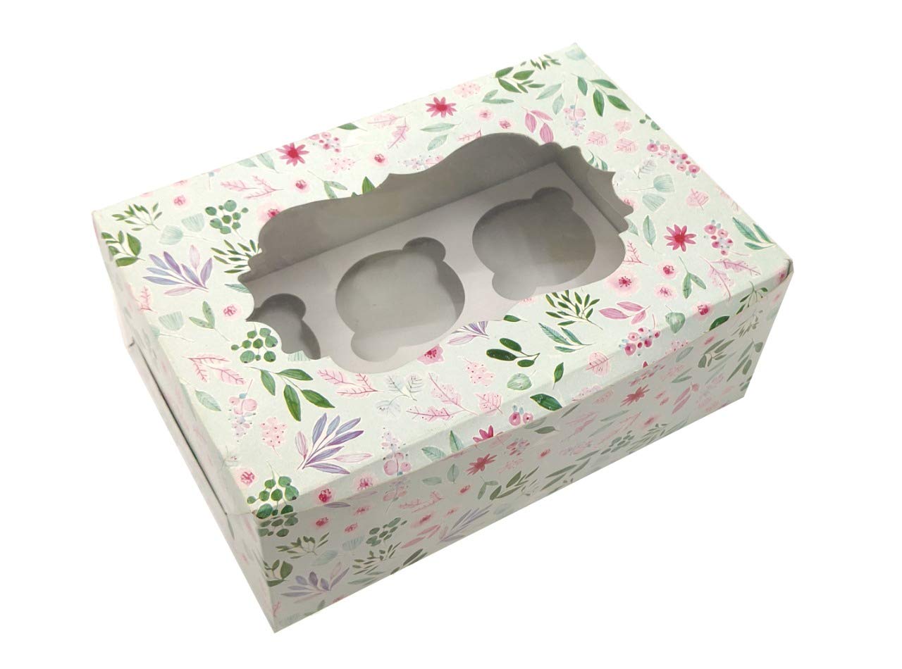 PAPER WORLD Cake Box 6 Cavity Printed Floral Cupcake Box Cakebox Gift Boxes Packaging Cookie Brownie Bakery Pastries Desserts for Birthday Anniversary Party(9 * 6 * 3.5 Inch)(Pack of 50)