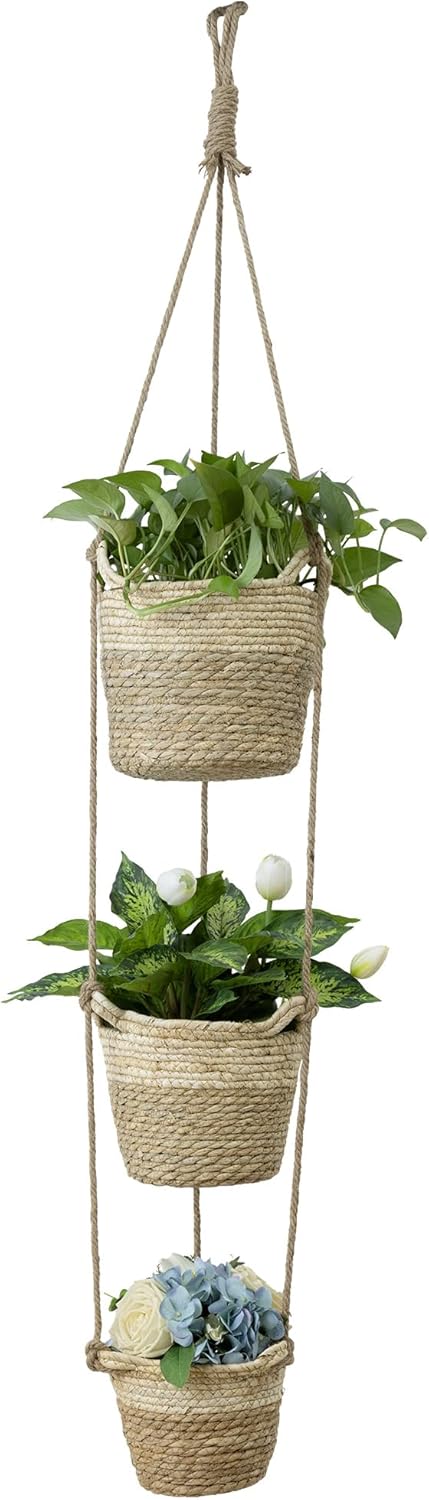 Navaris Seagrass Hanging Plant Pot Set - Decorative Indoor House Plant & Flower Pots with Jute Rope - Woven Basket Pattern for Home Storage - Small, Medium and Large Planters