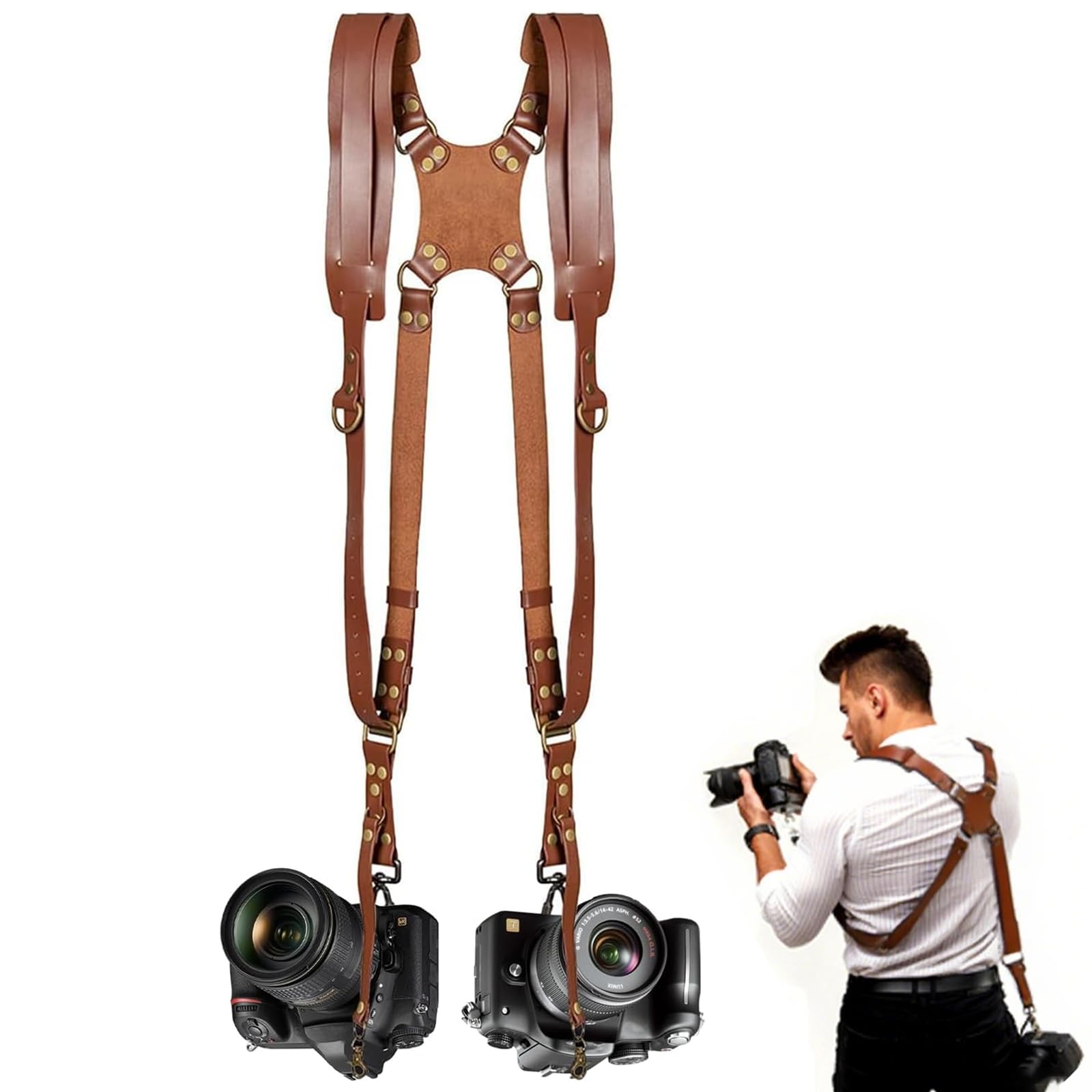 Arnés de cámara, correas de cámara marrón para fotógrafos, correa doble de cuero para dos cámaras DSLR/SLR