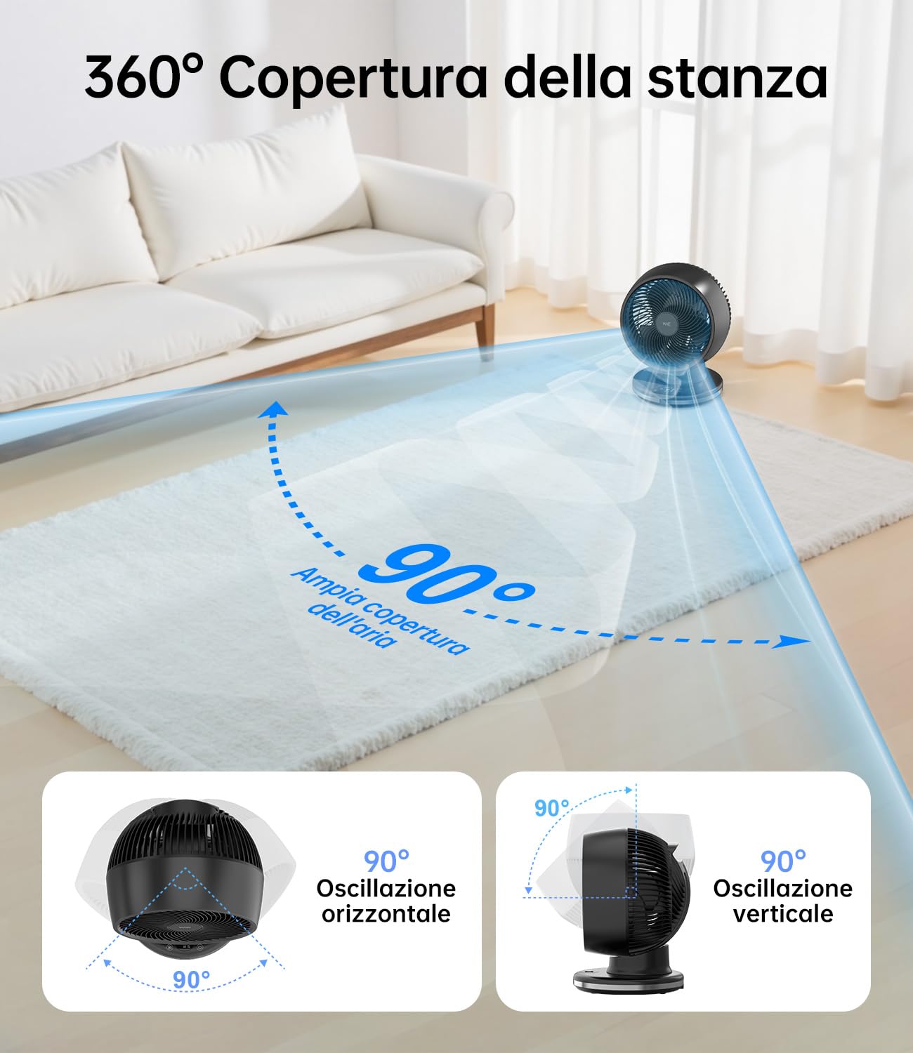 WIE Ventilatore da Tavolo Silenzioso 28 dB con 4 Modalità, 12 Velocità, Telecomando e Timer 12H, Ventilatore Oscillante Automatico 90°+90° a Basso Consumo per Camera da Letto, Ufficio e Casa