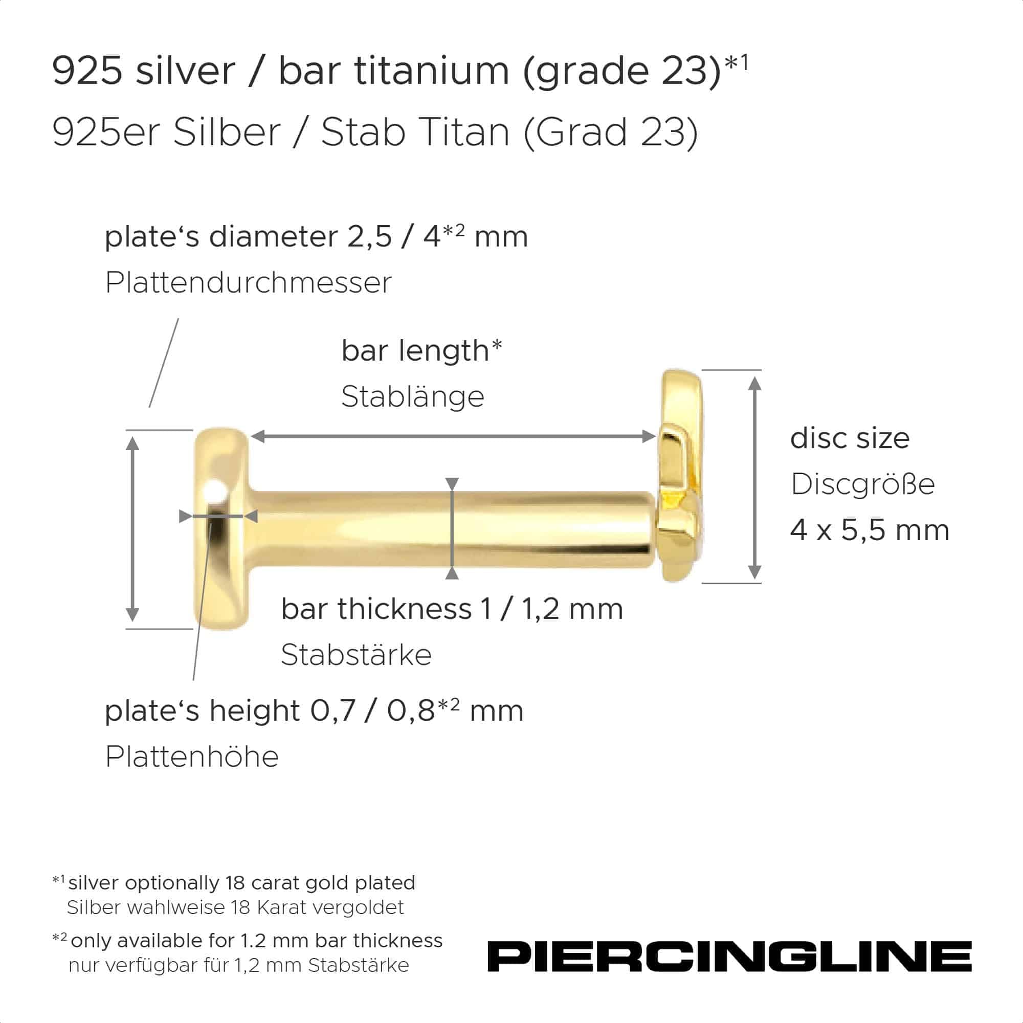 PIERCINGLINE Piercing Stecker Titan Labret mit Innengewinde + 925er Silber Aufsatz LOTUSBLÜTE - Goldfarben, Silberfarben