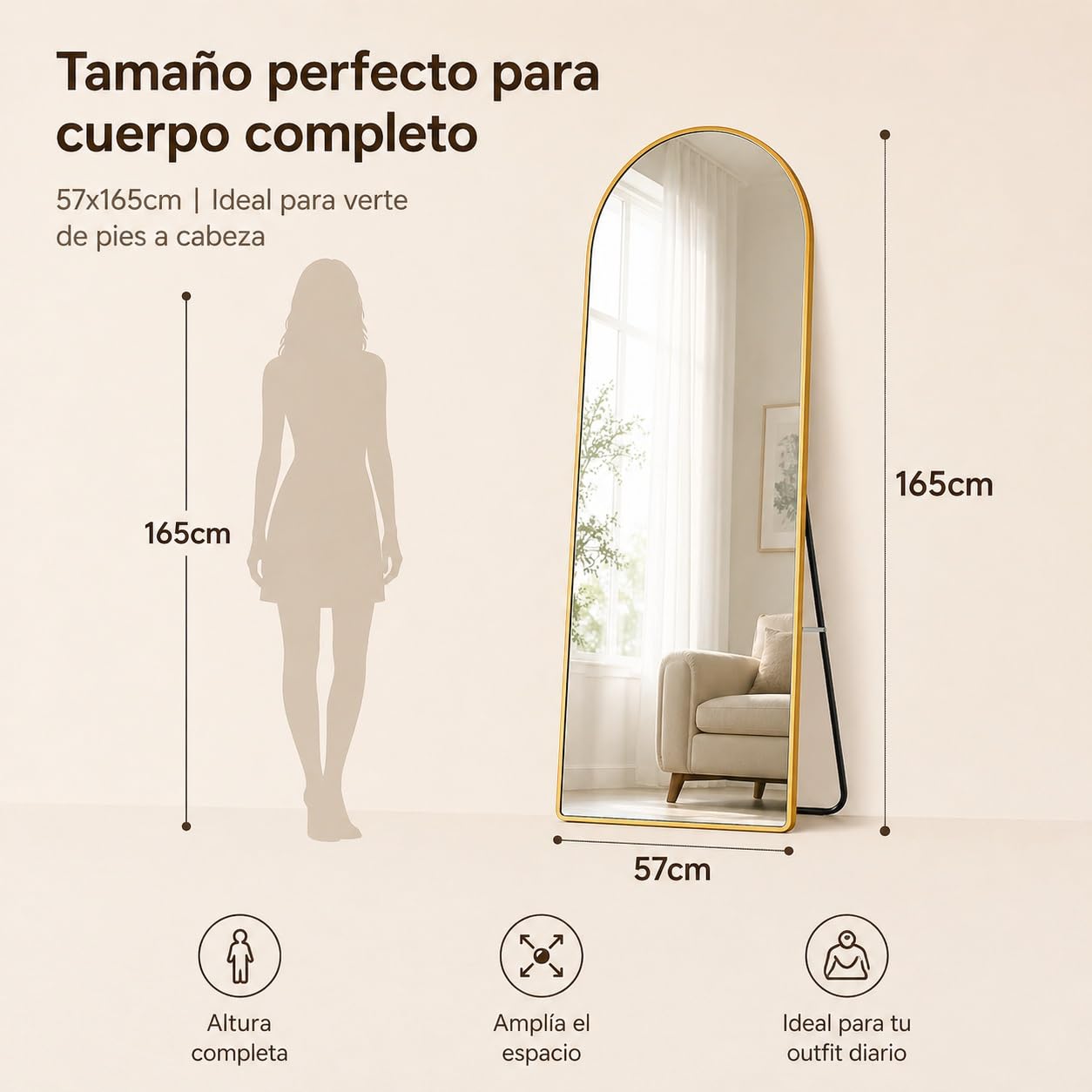 Espejo de Arco de 57x165cm | Espejo de Piel Completa con Parte Superior Curvada | para Montar en Pared o Apoyar en el Suelo | Inclinación Ajustable para Sala de Estar, Vestidor y Dormitorio