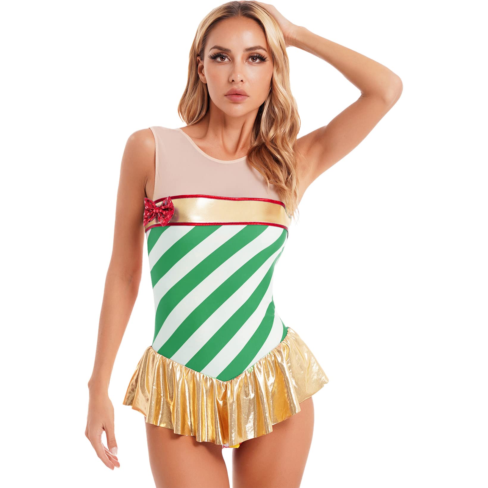 JanJean Women Candy Cane Christmas Costume Sleeveless Ballet Dance Leotard Stage Performance Costume Green XX-Large