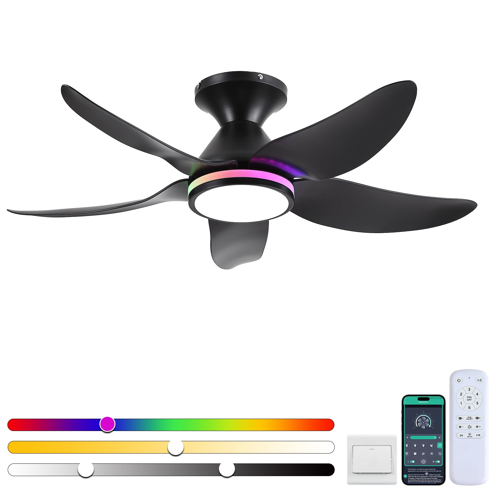 Ceiling Fans with Lights Remote/APP Control, 38" Low Profile Ceiling Fans with Dimmable White Colors+ RGB Ring Lights, 6 Speeds 5 Reversible Blades for Kids Room Bedroom Living Room, Black