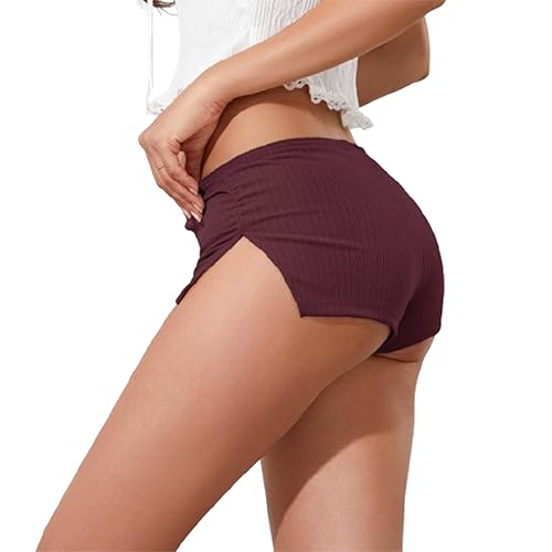 Women Micro Booty Shorts Cheeky Ribbed Knit Lounge Shorts - Wine Red - Large Short