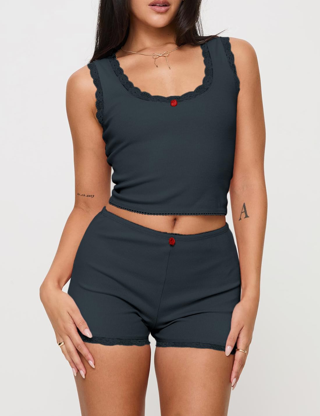 Supersun Pajama Sets For Women 2 Piece Ribbed Tank Top With Lace Trim High-rise Shorts Scooped Neckline Cute Pajamas Sleep Sets Wine Red, Medium: Navy Medium