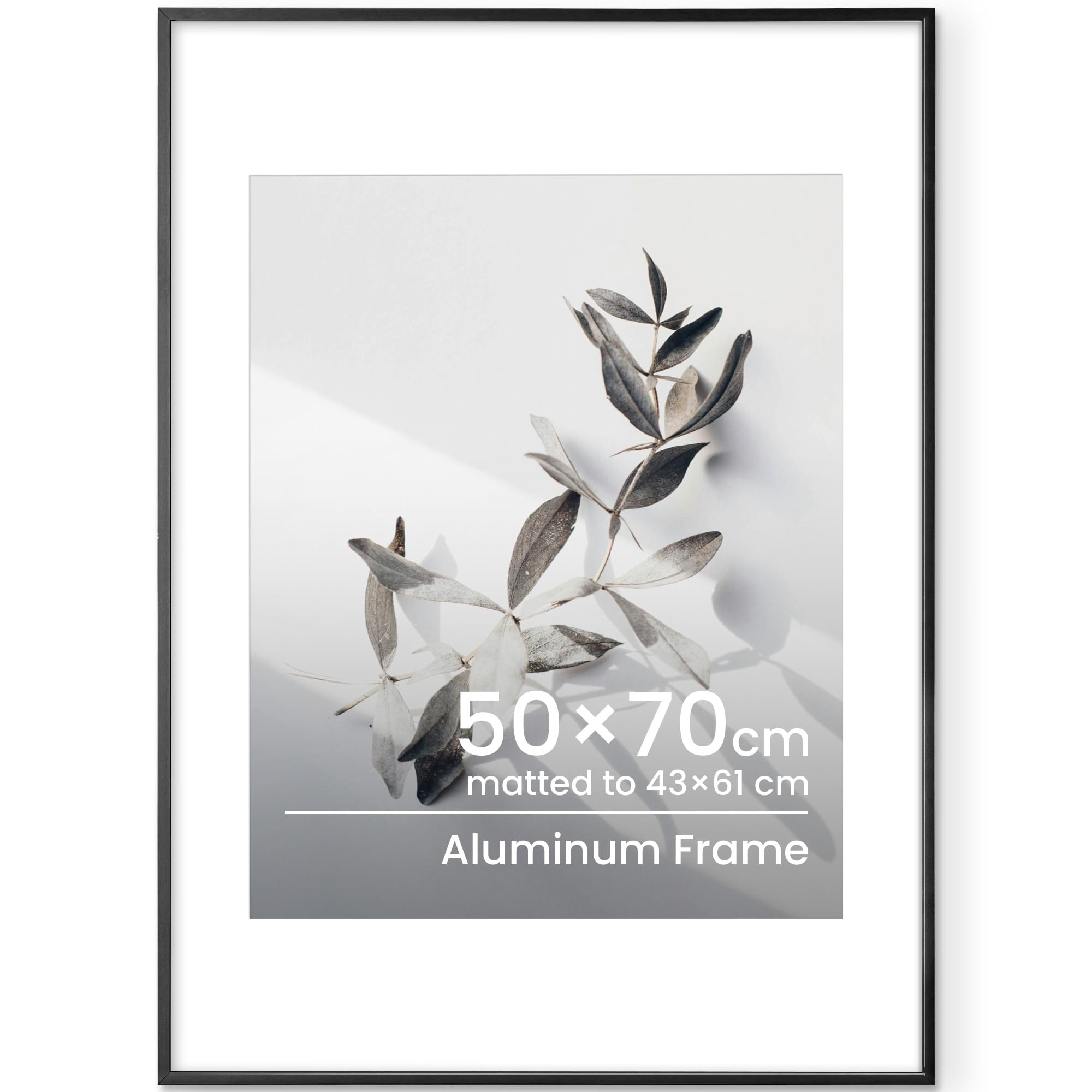 50x70cm Frame, Black Aluminium Poster Frame 50cmx70cm Picture Frames Large Metal 50x70cm with Mat for 43x61cm Photo Frames Hang Portrait or Landscape for Wall Poster Gallery Decor with Tempered Glass