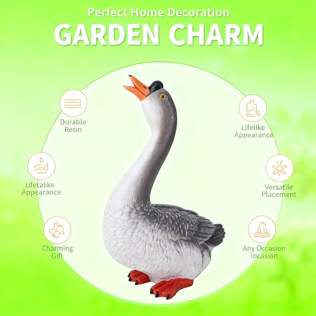 Large Porch Goose Statue Figurine Resin Outfits Gray Goose Farm Animal Sculpture 27x13x35cm - Durable Weather Front Garden Decor, Lifelike Design for Patio and Home