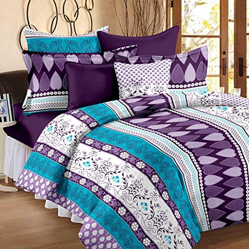 Image of Story@Home 120 TC 1 Bedsheet for Double Bed Cotton with 2 Pillow Covers, Contemporary Pattern, Blue and Dark Purple