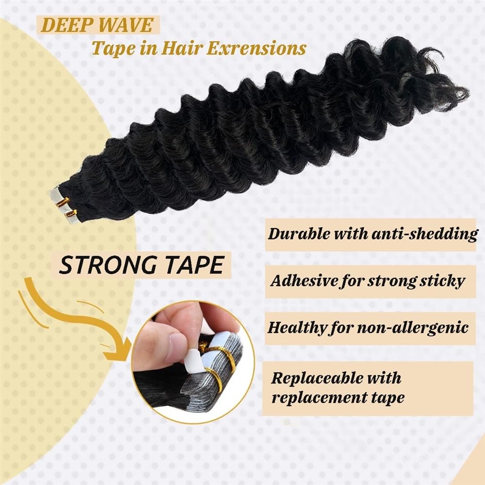 Extensions Band 16-26 Zoll Echthaar Extensions Band 16-26 Zoll lang tiefe Welle Nahtlose Haut Faden Unsichtbares Naturband Schwarz Remy Unsichtbares Haar(24 Inches)