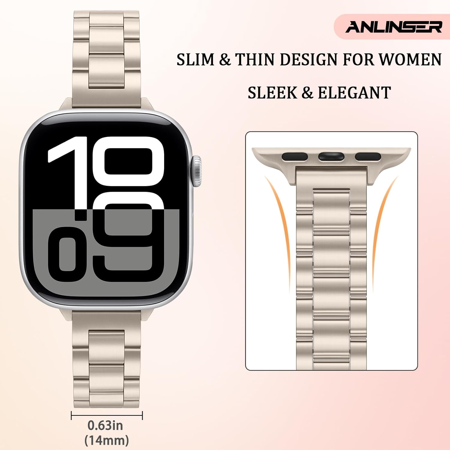 Anlinser Bands Compatible with Apple Watch Band 42mm 41mm 40mm 38mm, Women Slim Stainless Steel Metal Strap for iWatch Series 10 9 8 7 6 5 4 3 2 1 SE (Starlight) - Image 3