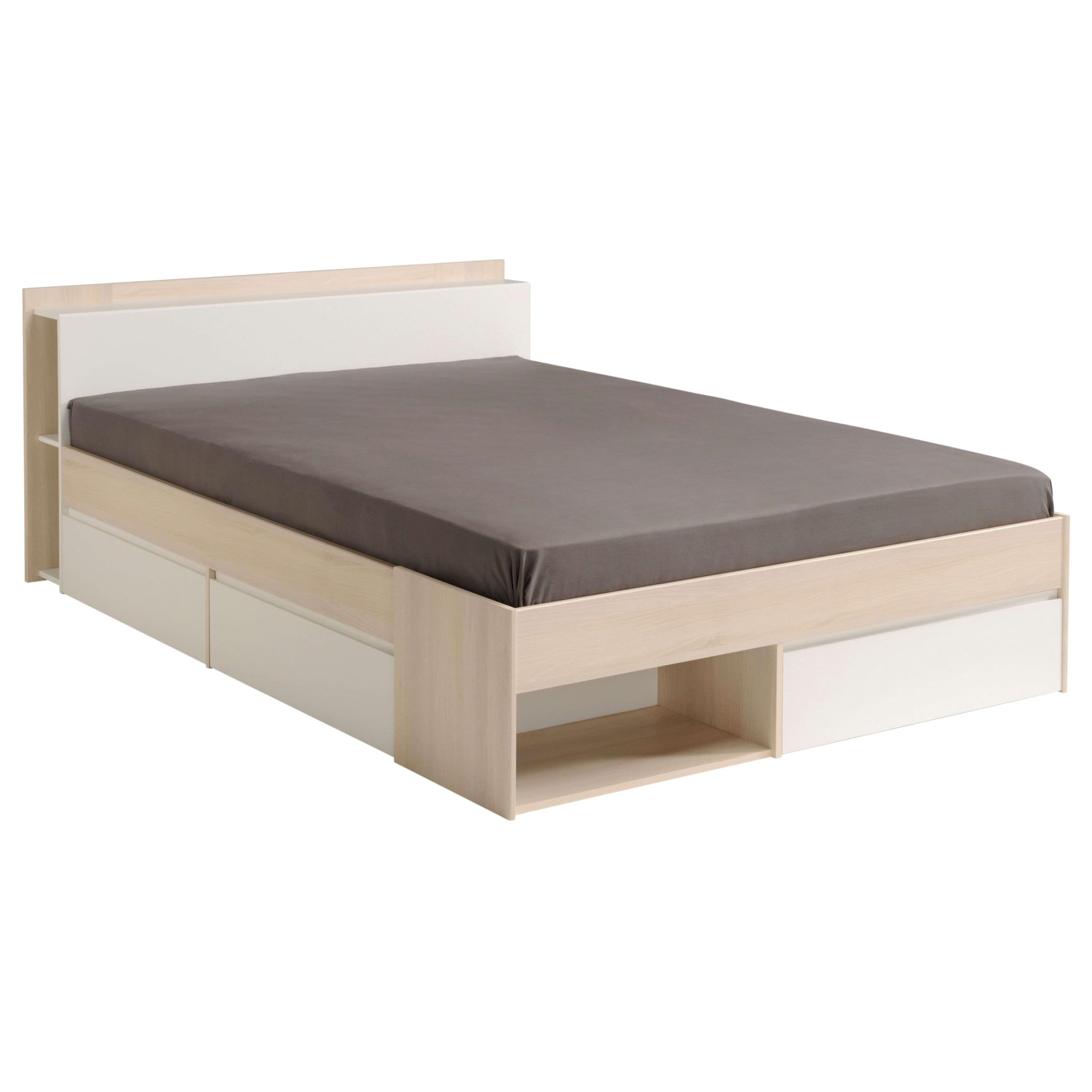 Miroytengo Cama de Matrimonio 135‑140×190/200 cm Acacia y Blanco con Almacenaje y Cajones
