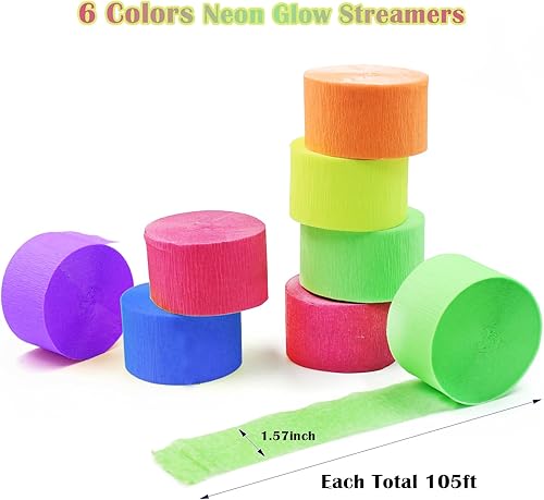 Miniatura 5 de Serpentinas de papel neón que brillan en la oscuridad, 1260 pies, luces negras, decoraciones de neón para fiestas, 12 rollos de papel crepé