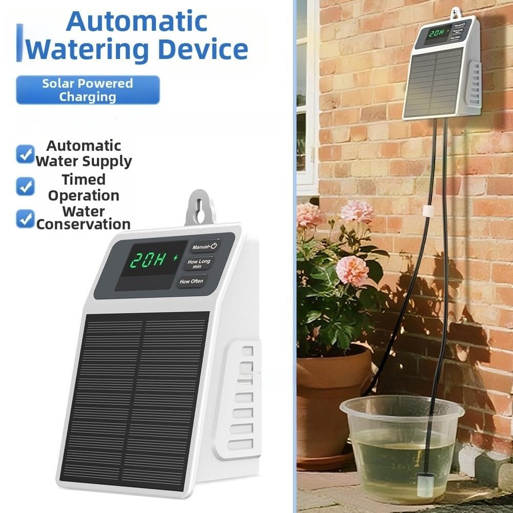 Solarbetriebenes Bewässerungssystem, automatisches Tropfbewässerungsset für Garten, 2200 mAh USB-C wiederaufladbar mit 10 m Schlauch für Gewächshaus, Balkon, Pflanzenpflege