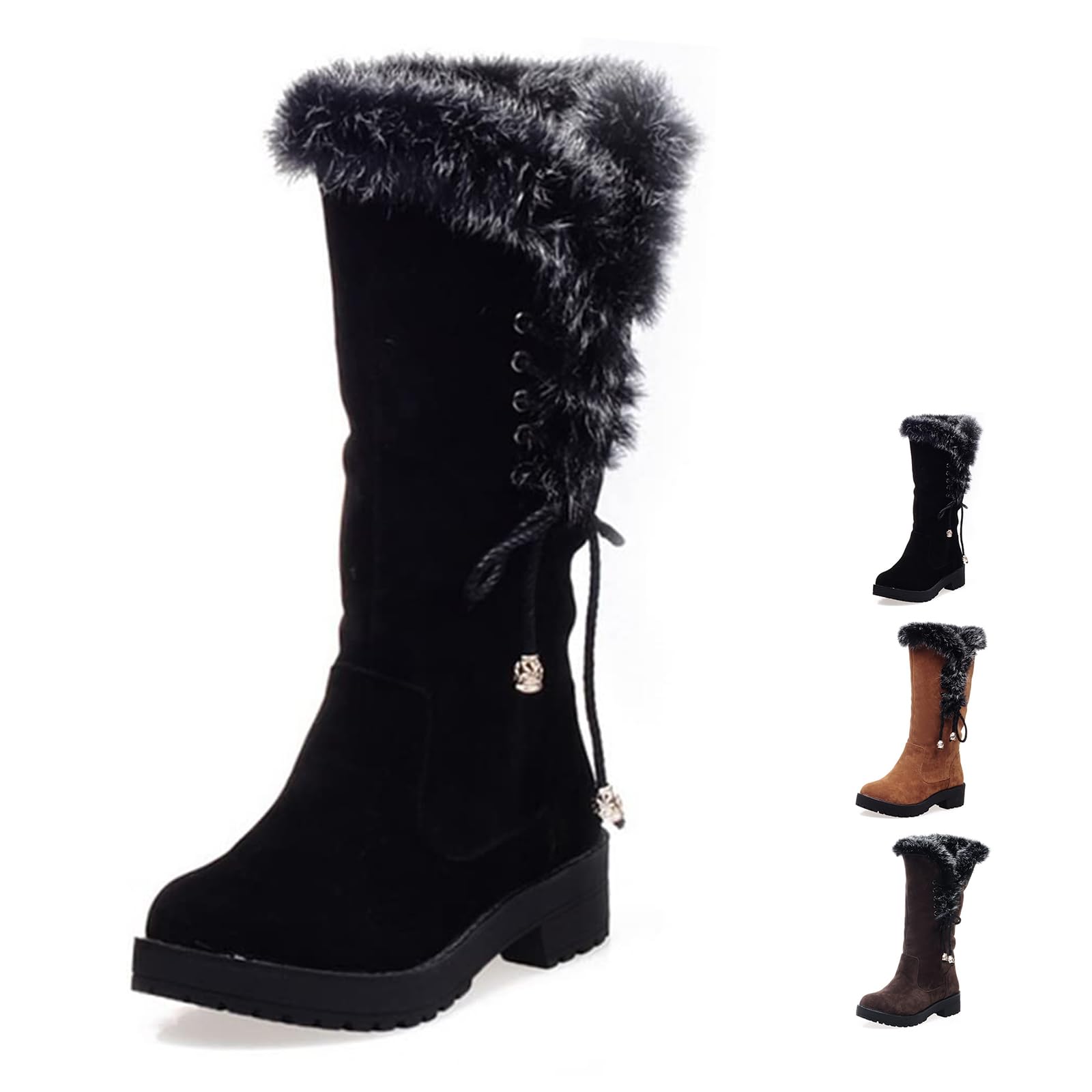 Womens Winter Warm Fur Collar Mid Calf Snow Boots Fur Lined Boots Anti-Slip Platform Slip-On Sole Wide Calf
