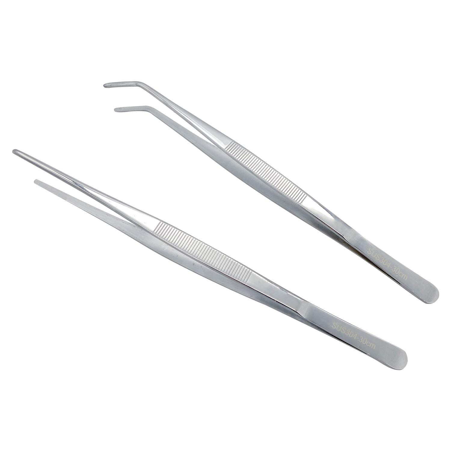 2Pcs 30cm Straight Curved Kitchen Tweezers with Precision Serrated Tips, Extra Long 304 Stainless Steel Tongs for Garden Aquarium Medical Grilling Cooking BBQ Seafood and Reptile Feeding