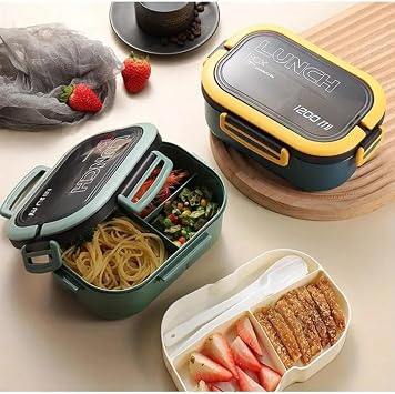 Jouis Nutrition Box 1200ml 2 Tiers 6 Compartment BPA-Free PP Plastic Lunch Bowl and Nutrition Bag - School Nutrition Including Lunch Box, FORK SPOON and KNIFE (White)