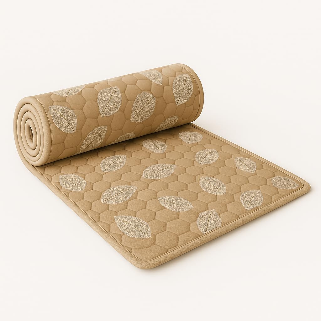 Me me mart Home Essentials Soft Foldable Rollable Floor Mattress – Lightweight, Reversible, Washable Cotton Sleeping Mat for Home, Travel & Guests (Cream Leaf, 78 in x 36 in)-picture-11