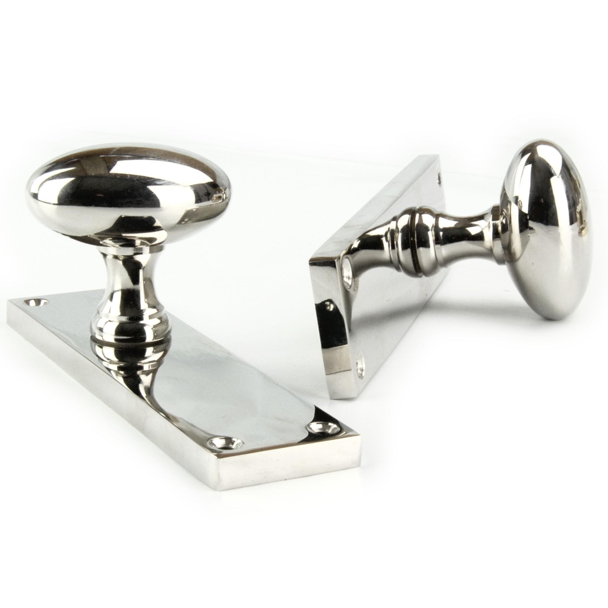 Underground Parts Silver Jones & Grey New York Solid Brass Oval Round Door Knobs Handles On A Long Backplate - Polished Nickel