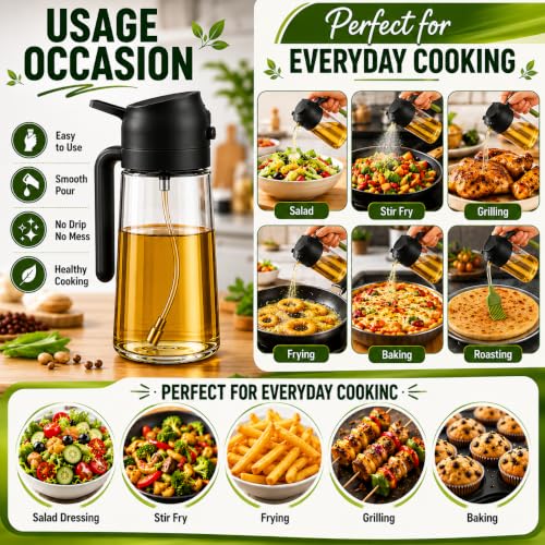 Image of 2-in-1 500ml Glass Oil Dispenser & Spray Bottle | Oil & Vinegar Sprayer for Cooking, Air Fryer, Salad & Kitchen Use | Leakproof, Refillable, Black