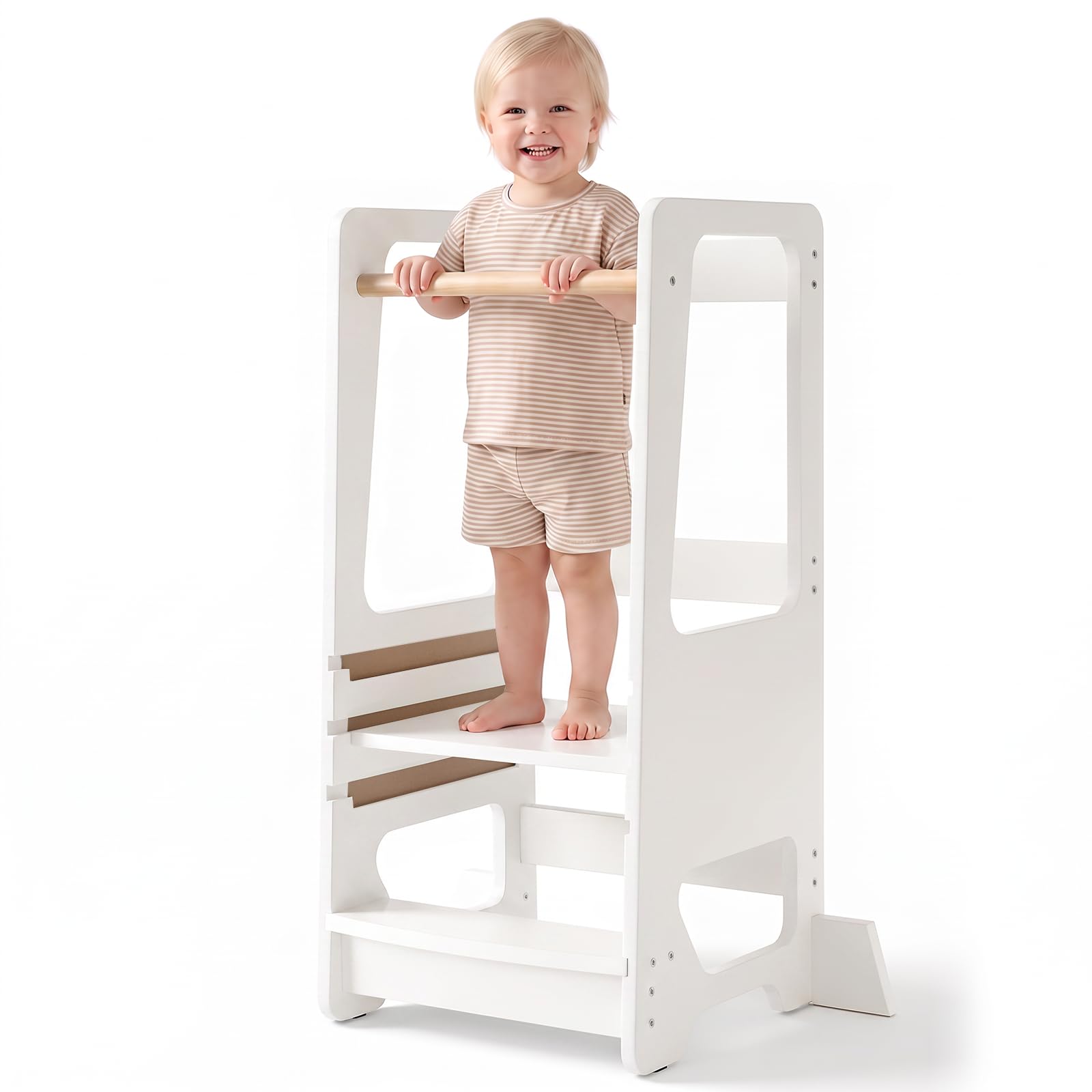 Lernturm ab 1 Jahr Höhenverstellbar, 3‑Fach höhenverstellbar Montessori Learning Tower, Massivholz Küchenhelfer mit Kippschutz, bis 50kg belastbar für Küche Bad Kinderzimmer (Weiß)