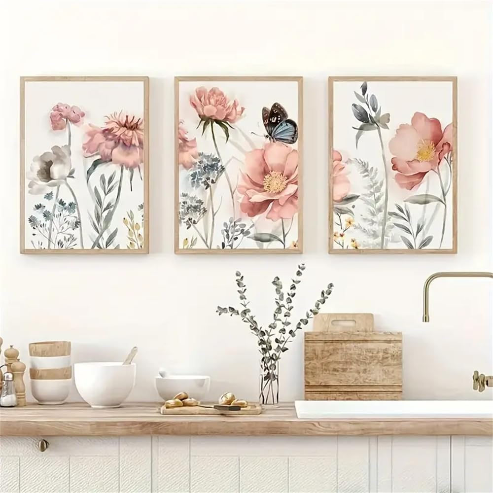 WBYZAC Botanical Posters-Canvas Poster, Modern Art, Pink Flowers and Butterflies Canvas Wall Art, for Bedroom Wall Art, Wall Decor, Room Decor, Room Decoration Artwork -60 * 80cm*3PCS (No Frame)