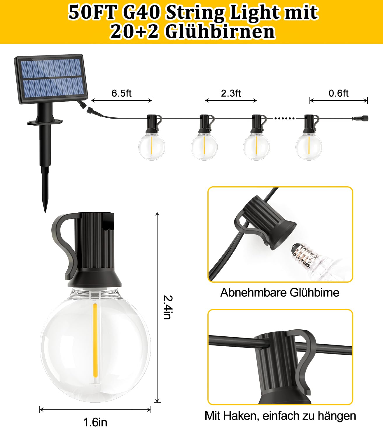 Solar Fernbedienung Lichterkette LED Aussen - 15M 50FT G40 LED Outdoor Solarlichterkette 3 Modi mit Wetterfest G40 Glühbirne IP44 Wasserdich Aussen Lichterketten für Balkon Garten Pavillon Terrasse