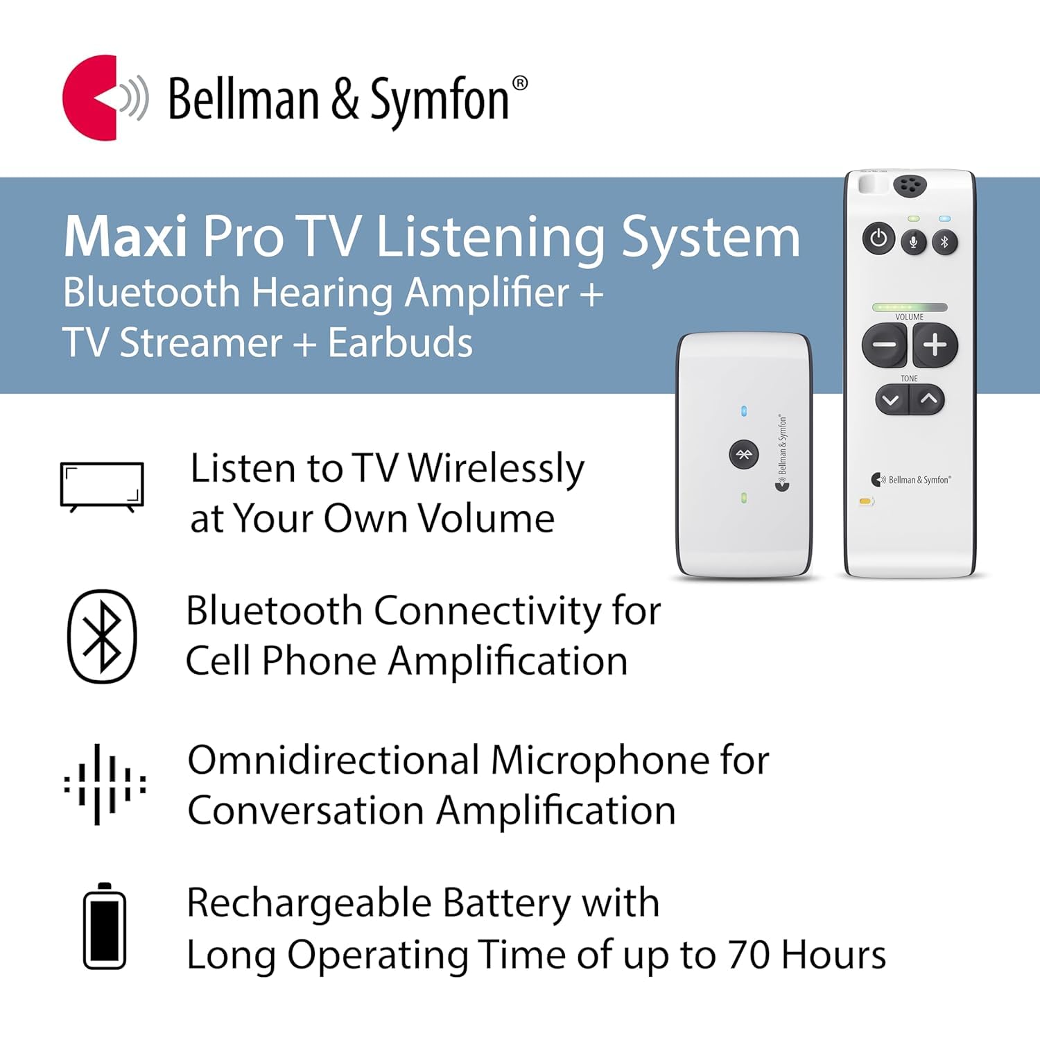 Bellman & Symfon Maxi Pro Bluetooth Hearing Amplifier System with Headphones and Earbuds - 3-IN-1 Digital Sound Amplifier TV Listening with TV Streamer - Wireless Cell Phone Amplifier - Rechargeable