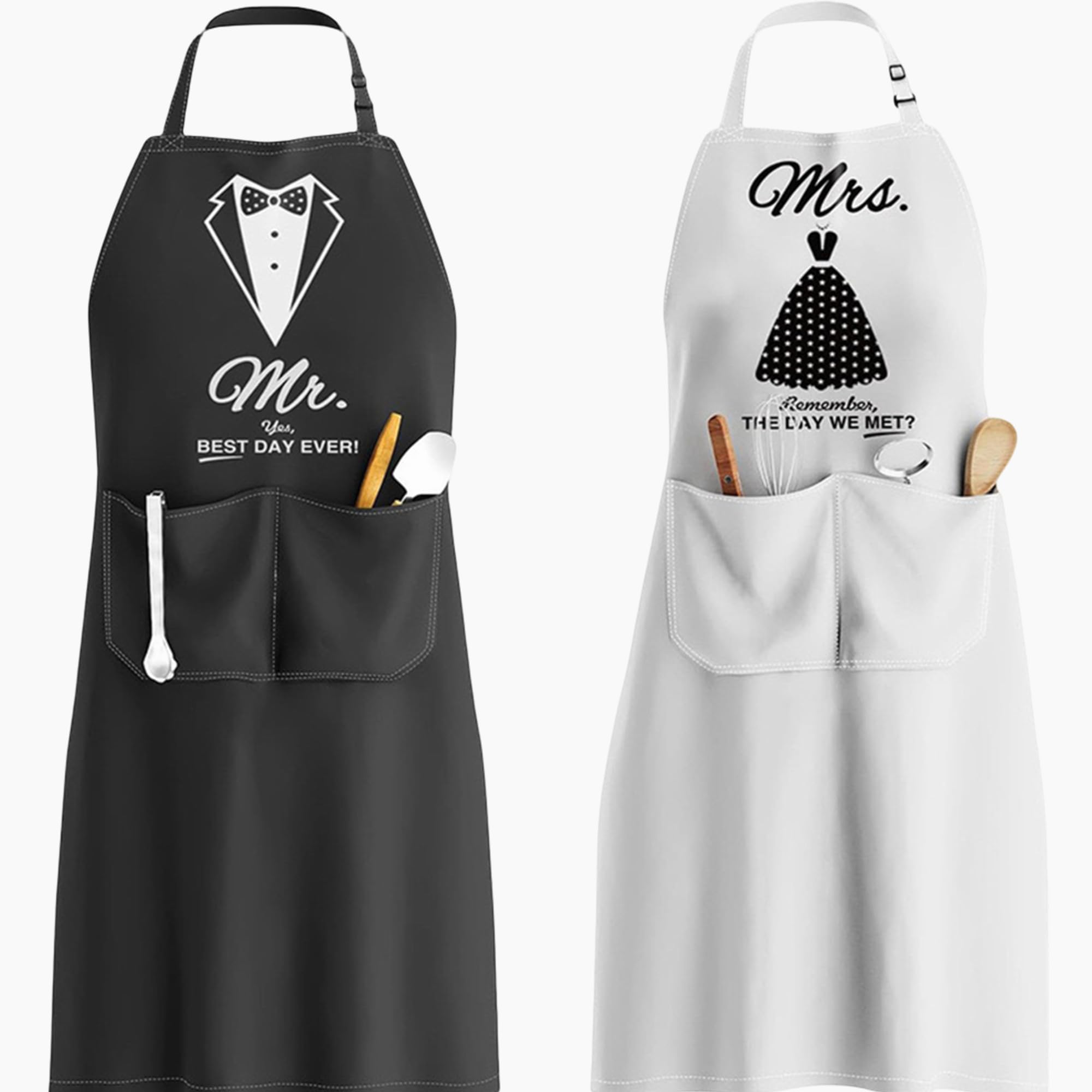 YUEHNEOM Wedding & Engagement Aprons for Couples - Mr & Mrs Gifts, Bridal Shower & Anniversary Set of 2