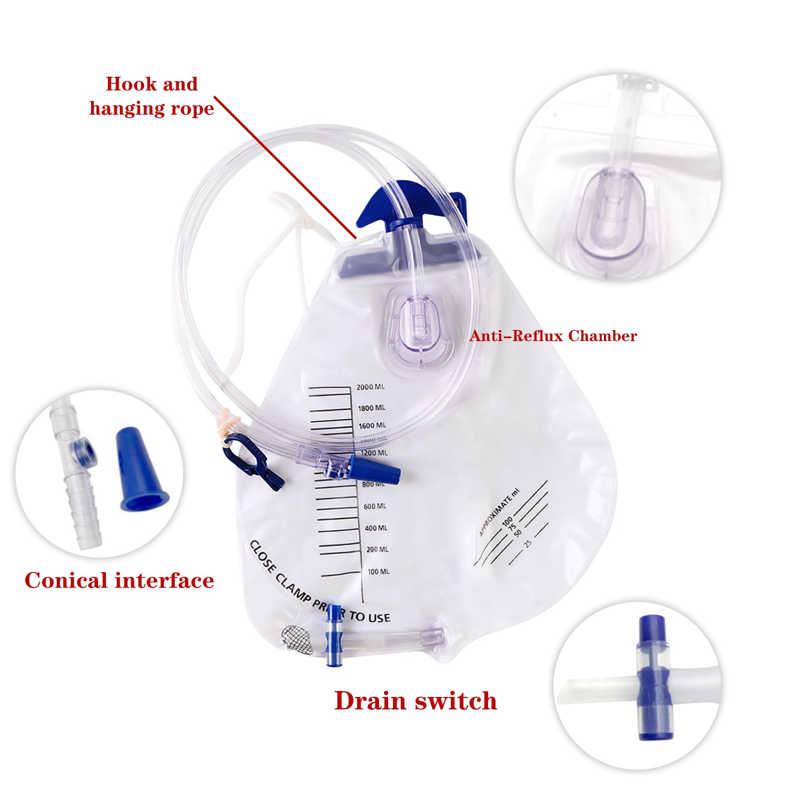 Bolsa de drenaje de orina, 2000 ml con válvula antirreflujo, drenaje de 48 pulgadas, clips y gancho para colgar (paquete de 1)