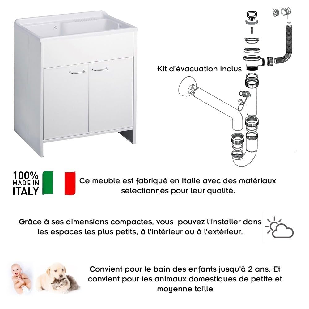 Hydroland Meuble buanderie Double Porte PVC avec Vasque bac à Laver polypropylène 80x50 Blanc