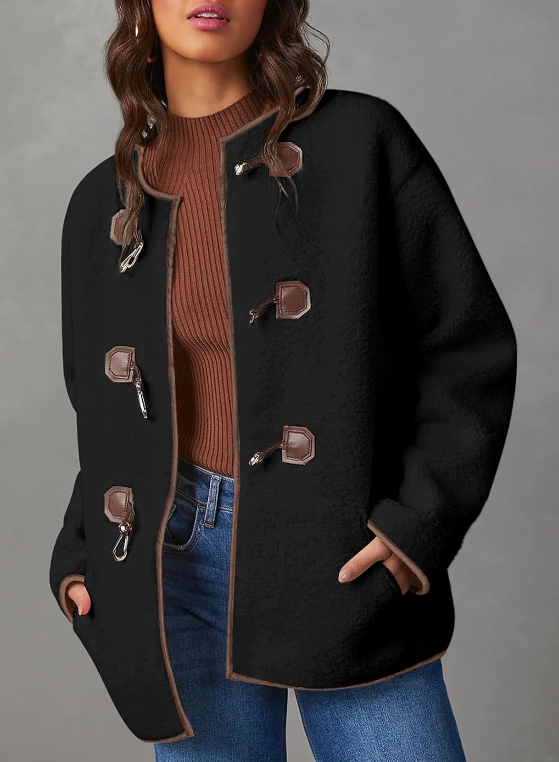 Dokotoo Womens Long Sleeve Jackets Fashion Faux Shearling Oversized Color Block Button Sherpa Jacket Coats - Image 2