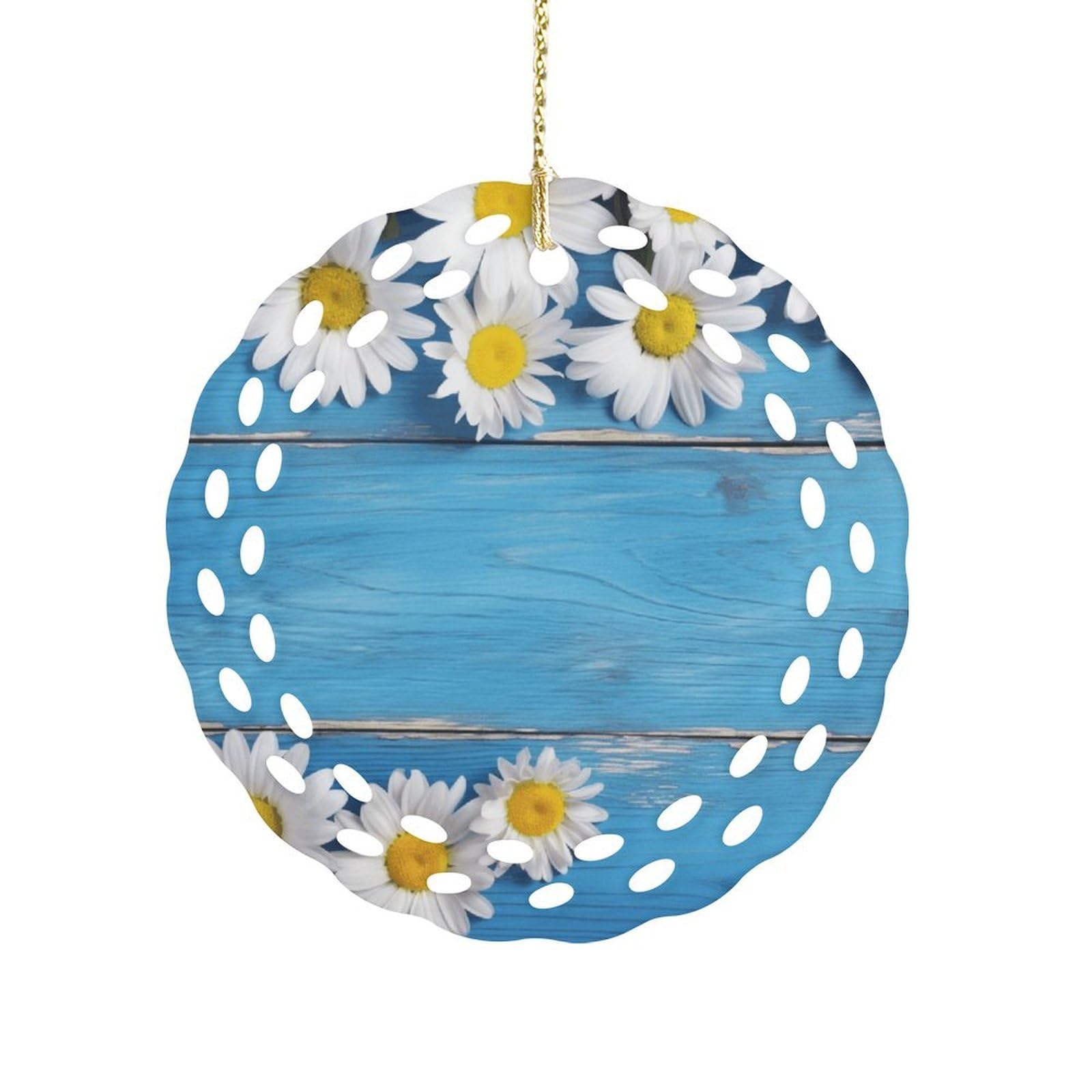 Btcowzrv Style Daisy Flowers Blue Wooden Ceramic Ornament,Round Ornaments With Hole Easy To Hang,Hanging Ornament For Wedding Party Home Window Garden Christmas Day Decor