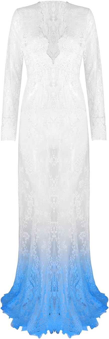 Sexy Deep V-Neck Long Sleeve Lace Beach Dress See-Through Maxi Dress (Medium, Dip Dyeing Blue)